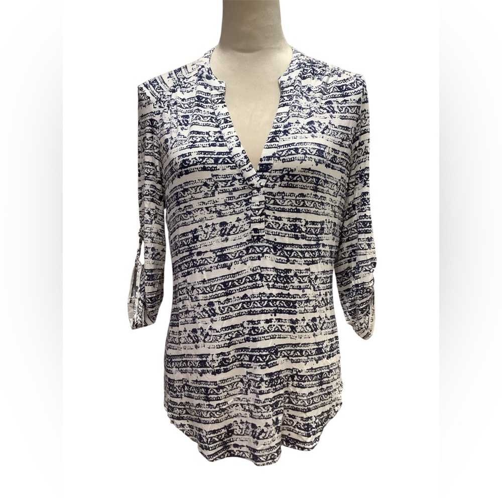 Max Jeans Blue and White Knit V-neck Blouse Top Size M